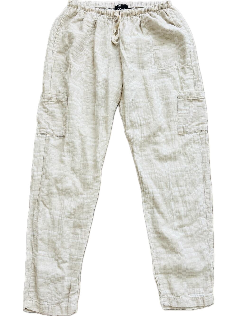 Fenini Linen Cotton Pants Check Tan Beige Medium Trousers Elastic Tie Waist